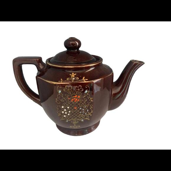 Vintage Brown Betty Redware Hand Painted Teapot Made in Japan Gold Red White - Picture 2 of 12